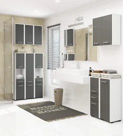 Akord Furniture Factory Colonne salle de bains AKORD FIN Blanche 30 cm 2 portes façade Gris Graphite 5 étagères 30x30x140 cm