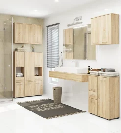 Meuble De Salle De Bains Faible Profondeur|Armoire De Salle De Bains|Akord Furniture Factory Colonne salle de bains AKORD FIN Chêne Sonoma 30 cm 2 portes 1 tiroir façade Chêne Sonoma 3 étagères 30x30x85 cm