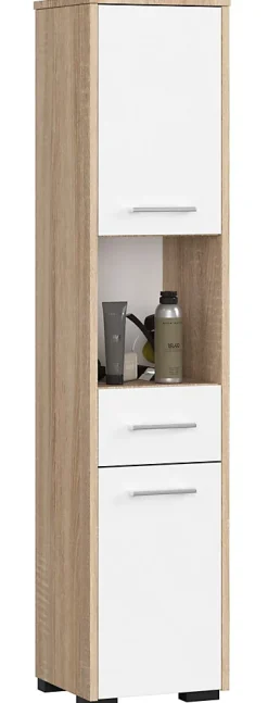 Akord Furniture Factory Colonne salle de bains AKORD FIN Chêne Sonoma 30 cm 2 portes 1 tiroir façade Blanche 5 étagères 30x30x140 cm