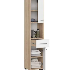 Akord Furniture Factory Colonne salle de bains AKORD FIN Chêne Sonoma 30 cm 2 portes 1 tiroir façade Blanche 5 étagères 30x30x140 cm
