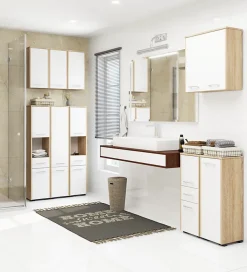 Akord Furniture Factory Colonne salle de bains AKORD FIN Chêne Sonoma 30 cm 2 portes 1 tiroir façade Blanche 5 étagères 30x30x140 cm