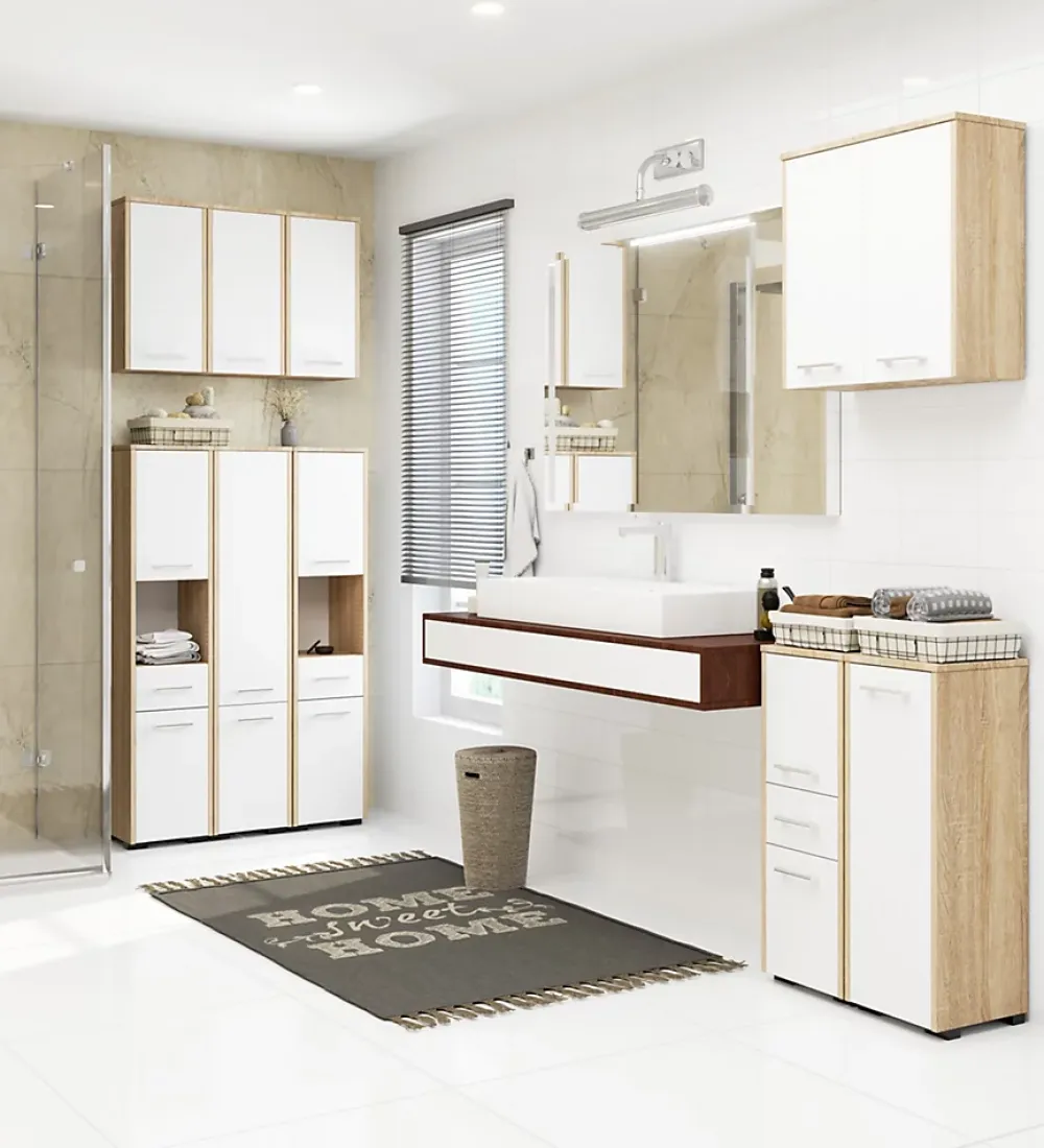 Akord Furniture Factory Colonne salle de bains AKORD FIN Chêne Sonoma 30 cm 2 portes 1 tiroir façade Blanche 5 étagères 30x30x140 cm