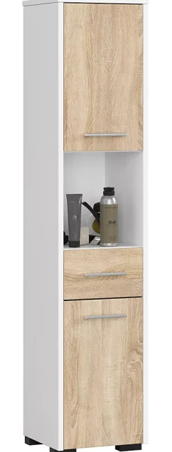 Akord Furniture Factory Colonne salle de bains AKORD FIN Blanche 30 cm 2 portes 1 tiroir façade Chêne Sonoma 5 étagères 30x30x140 cm