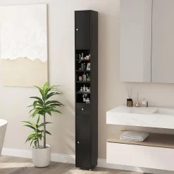 Giantex Colonne WC avec 2 Portes 1 Tiroir 5 Etageres Reglables Anti-basculement Meuble Colonne pour Petits Espaces 20x20x180cm