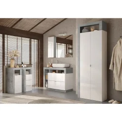 Meuble De Salle De Bains Faible Profondeur|Meublorama Commode de salle de bains BURA 3 tiroirs L35 cm Blanc brillant laqué et gris aspect béton