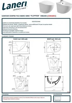 Laneri Couple de sanitaires suspendu Rimless sans bride, gamme Flipper avec abattant soft-close inclus