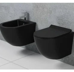 Wc À Poser|Laneri Couple de sanitaires suspendu Rimless sans bride, gamme New Bent de couleur noire mat avec abattant soft-close inclus