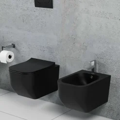 Laneri Couple de sanitaires suspendu Rimless sans bride, gamme New Edge de couleur noire mat avec abattant soft-close inclus