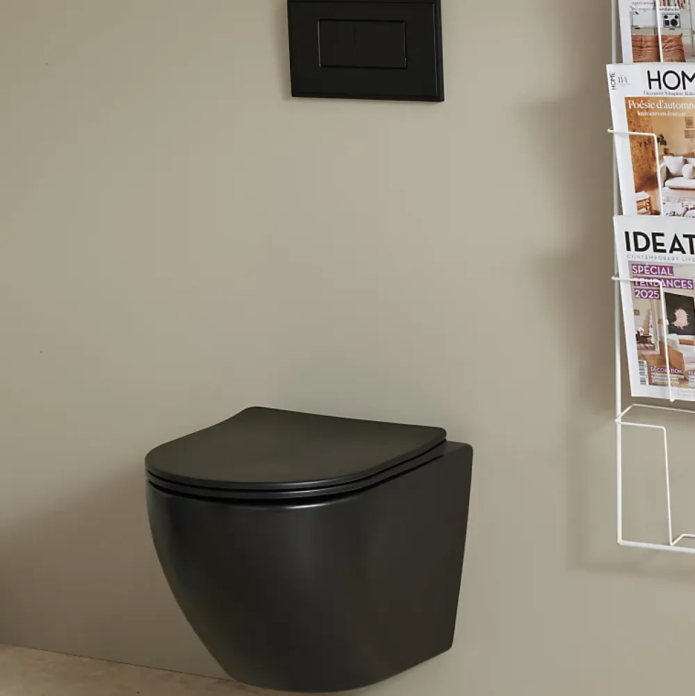Planète Bain Cuvette WC suspendu gain de place 49 cm sans bride noir mat - Corolla