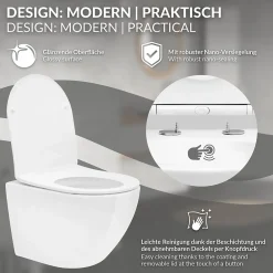 Luxebath Cuvette WC suspendu sans rebord céramique blanc abattant softclose nano revêt