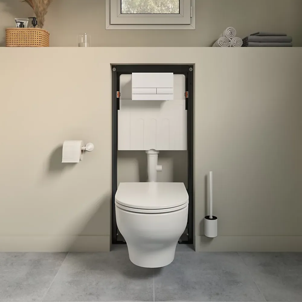 Wc Suspendu|GoodHome Cuvette WC suspendue sans bride avec abattant déclipsable et frein de chute, sortie horizontale, blanc, effet Vortex, Cavally