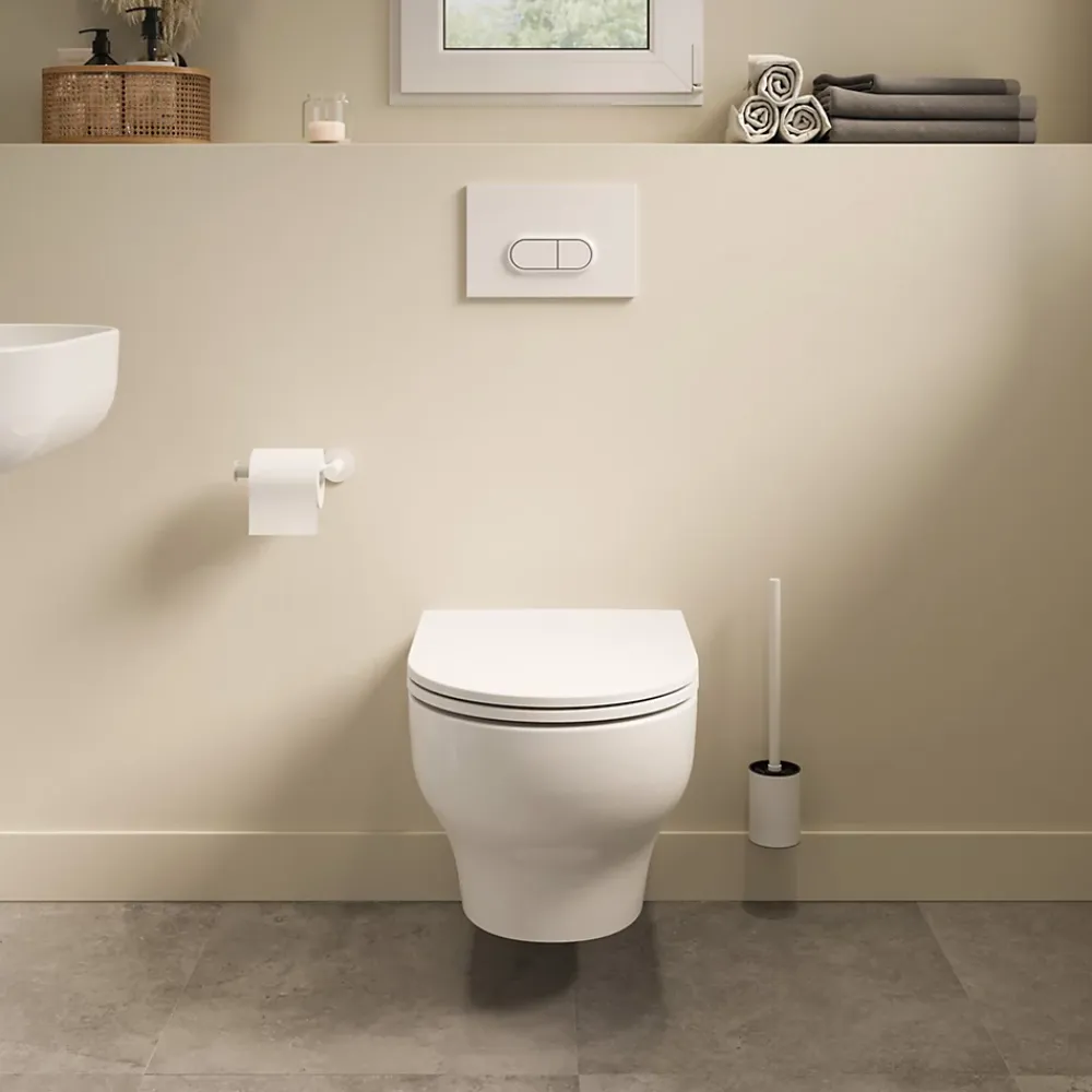 Wc Suspendu|GoodHome Cuvette WC suspendue sans bride avec abattant déclipsable et frein de chute, sortie horizontale, blanc, effet Vortex, Cavally