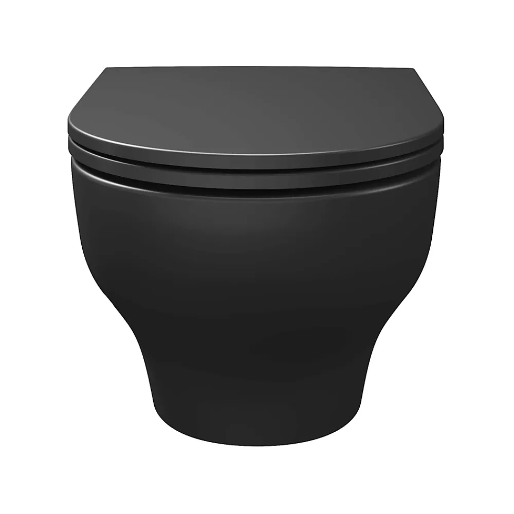 Wc Suspendu|GoodHome Cuvette WC suspendue sans bride avec abattant déclipsable et frein de chute, sortie horizontale, noir, effet Vortex, Cavally