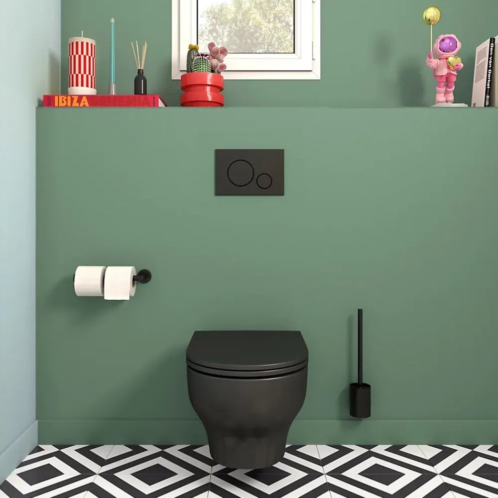 Wc Suspendu|GoodHome Cuvette WC suspendue sans bride avec abattant déclipsable et frein de chute, sortie horizontale, noir, effet Vortex, Cavally