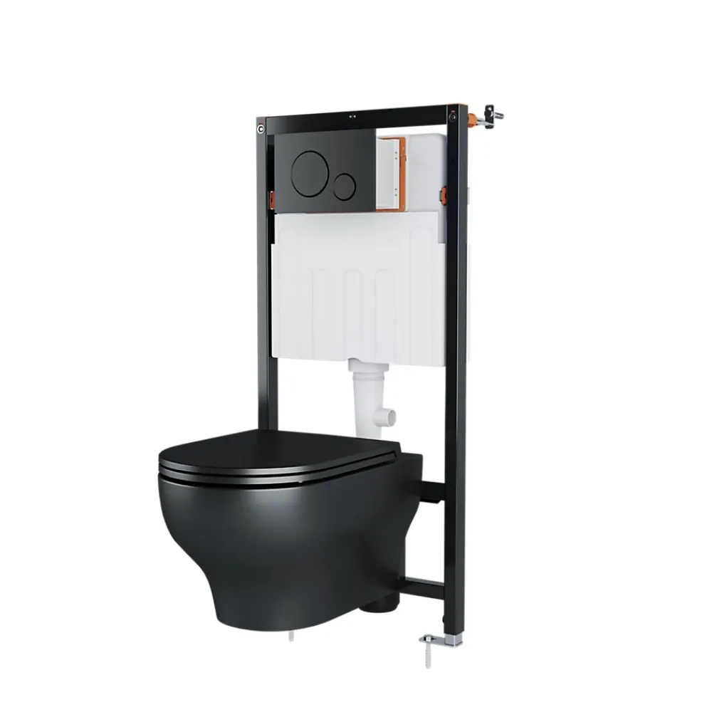 Wc Suspendu|GoodHome Cuvette WC suspendue sans bride avec abattant déclipsable et frein de chute, sortie horizontale, noir, effet Vortex, Cavally
