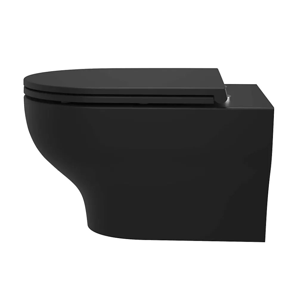 Wc Suspendu|GoodHome Cuvette WC suspendue sans bride avec abattant déclipsable et frein de chute, sortie horizontale, noir, effet Vortex, Cavally