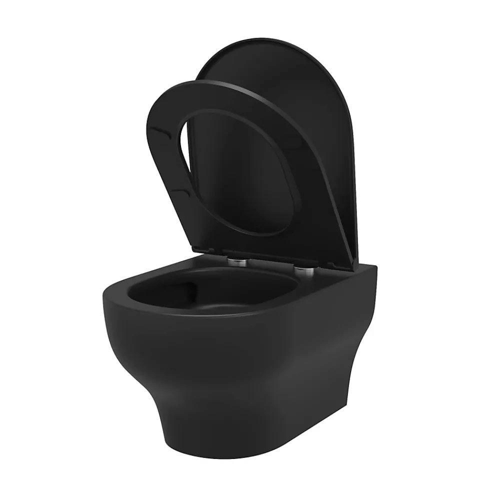 Wc Suspendu|GoodHome Cuvette WC suspendue sans bride avec abattant déclipsable et frein de chute, sortie horizontale, noir, effet Vortex, Cavally