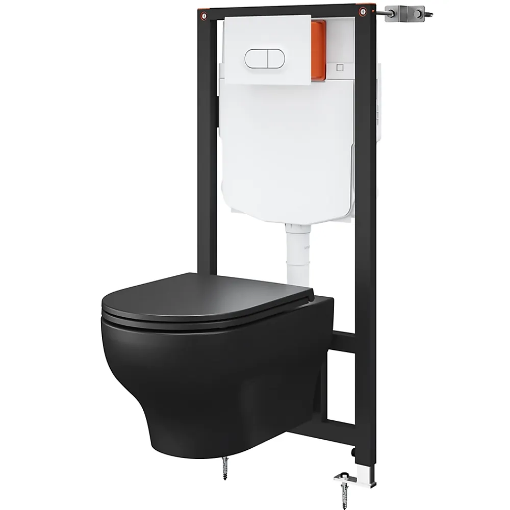 Wc Suspendu|GoodHome Cuvette WC suspendue sans bride avec abattant déclipsable et frein de chute, sortie horizontale, noir, effet Vortex, Cavally