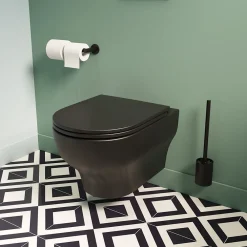 Wc Suspendu|GoodHome Cuvette WC suspendue sans bride avec abattant déclipsable et frein de chute, sortie horizontale, noir, effet Vortex, Cavally