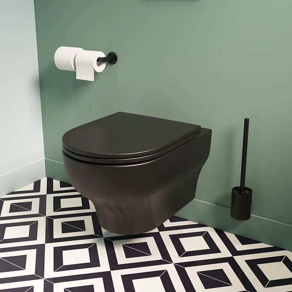 Wc Suspendu|GoodHome Cuvette WC suspendue sans bride avec abattant déclipsable et frein de chute, sortie horizontale, noir, effet Vortex, Cavally