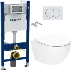 Wc Suspendu|Geberit Delta Pack WC Bâti support Duofix 112 cm + WC SAT Tornado sans bride + Abattant SoftClose + Plaque blanche (TORNADOGEB3)