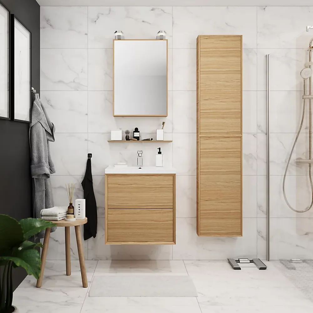 GoodHome Demi colonne de salle de bains faible profondeur Avela placage chêne L.40 x H.90 cm x P.15