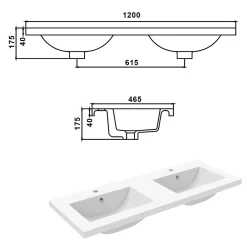 Plan Double Vasque|AICA Sanitaire Double lavabo blanc 120x46.5x17.5 cm, Lavabo rectangulaire en marbre artificiel,