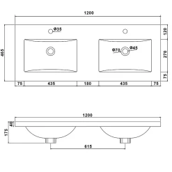 Plan Double Vasque|AICA Sanitaire Double lavabo blanc 120x46.5x17.5 cm, Lavabo rectangulaire en marbre artificiel,