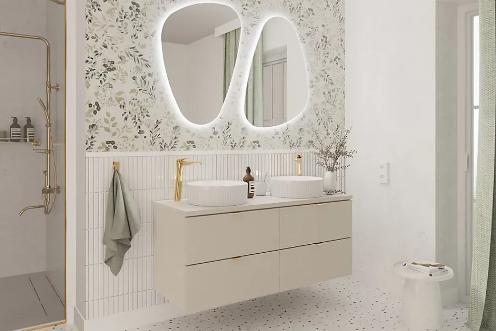 Furnidea Double meuble sous vasque à suspendre avec le plan DALIA CACHEMIRE 120 cm