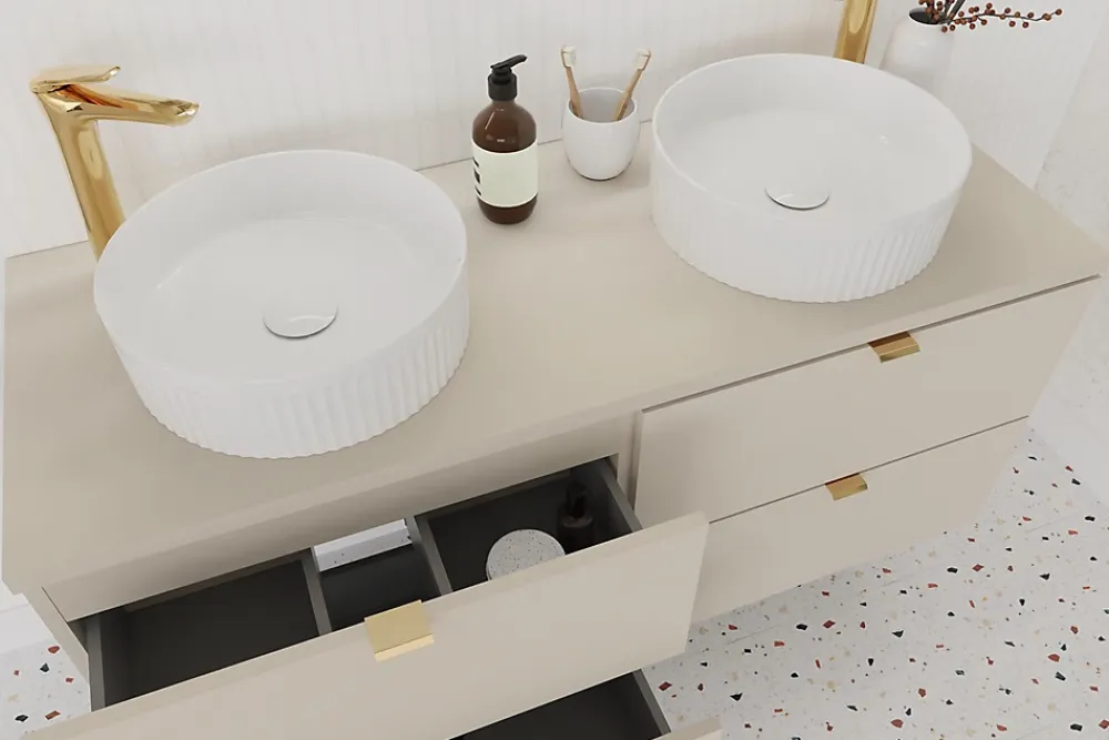 Furnidea Double meuble sous vasque à suspendre avec le plan DALIA CACHEMIRE 120 cm