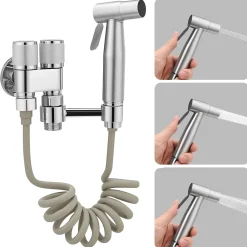 ProximaX Douchette de bidet pour toilettes, 1-en-2 sorties, double commande, robinet et tuyau, animaux et nettoyage salle de bain, Argent