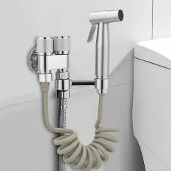 ProximaX Douchette de bidet pour toilettes, 1-en-2 sorties, double commande, robinet et tuyau, animaux et nettoyage salle de bain, Argent