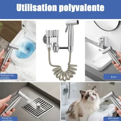ProximaX Douchette de bidet pour toilettes, 1-en-2 sorties, double commande, robinet et tuyau, animaux et nettoyage salle de bain, Argent
