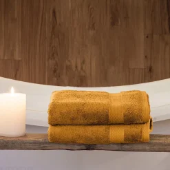 Serviette De Bain|Linnea Drap de bain coton 550g/m2 95x140 cm collection NAÏA jaune Curry