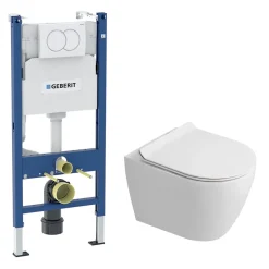 Wc Suspendu|Ceramica Duofix Pack WC bâti-support 112 cm + WC suspendu sans bride Ceramia avec abattant SoftClose + plaque blanche (GEBCEPXWT01-FR)