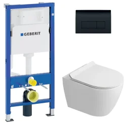 Geberit Duofix pack WC bâti-support UP100 + WC suspendu sans bride Ceramia avec abattant SoftClose + plaque noir (GEBCEPXWT09-FR)