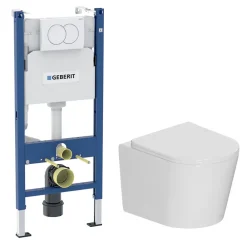 Wc Suspendu|Geberit Duofix Pack WC bâti-support + WC suspendu sans bride avec abattant SoftClose Ceramia + plaque blanche (GEBCE14WT05-FR)