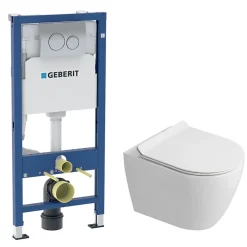 Wc Suspendu|Geberit Duofix Pack WC bâti-support 112 cm + WC suspendu sans bride Ceramia avec abattant SoftClose + plaque chrome (GEBCEPXWT03-FR)