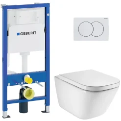 Wc Suspendu|Geberit Duofix pack WC bâti-support UP100 + WC suspendu sans bride Roca avec abattant SoftClose + plaque blanche (GEBROGAWR02-FR)