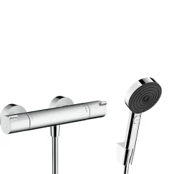 Colonne De Douche Sans Robinetterie|Hansgrohe Ecostat Set Mitigeur thermostatique douche + Douchette à main XXL 105mm 3 jets + Flexible de douche 125cm, support mural, Chrome