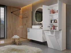 Meuble De Salle De Bains Faible Profondeur|Armoire De Salle De Bains|Topeshop ELLOS - Armoire de salle de bain avec deux paniers - Poignées minimalistes - 174x60x30cm - Colonne rangement