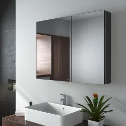 Armoire De Toilette|EMKE Armoire de toilette murale avec miroir double face - 85x65 cm- Noir mat - Fermeture douce - Tablettes en verre réglables