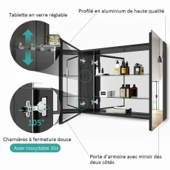Armoire De Toilette|EMKE Armoire de toilette murale avec miroir double face - 85x65 cm- Noir mat - Fermeture douce - Tablettes en verre réglables