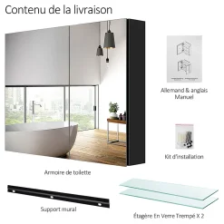 Armoire De Toilette|EMKE Armoire de toilette murale avec miroir double face - 85x65 cm- Noir mat - Fermeture douce - Tablettes en verre réglables