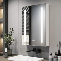 EMKE Armoire de Toilette 1 Porte - Charnières Gauche, LED Ajustable 3000K-6500K, Anti-Buée, Soft Close, Prises USB