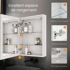 EMKE Armoire de Toilette 1 Porte - Charnières Gauche, LED Ajustable 3000K-6500K, Anti-Buée, Soft Close, Prises USB