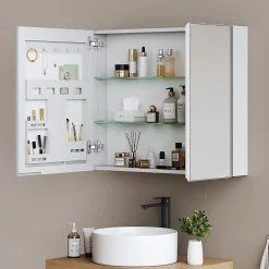 Armoire De Toilette|EMKE Armoire de toilette 2 portes 65x80 cm blanche, miroir avec rangement intégré, tablettes en verre réglables
