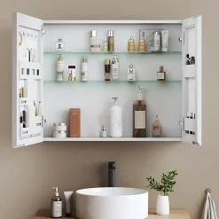 Armoire De Toilette|EMKE Armoire de toilette 2 portes 65x80 cm blanche, miroir avec rangement intégré, tablettes en verre réglables