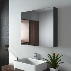 Armoire De Toilette|EMKE Armoire de toilette murale avec miroir double face - 75x65 cm- Noir mat - Fermeture douce - Tablettes en verre réglables