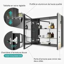 Armoire De Toilette|EMKE Armoire de toilette murale avec miroir double face - 75x65 cm- Noir mat - Fermeture douce - Tablettes en verre réglables